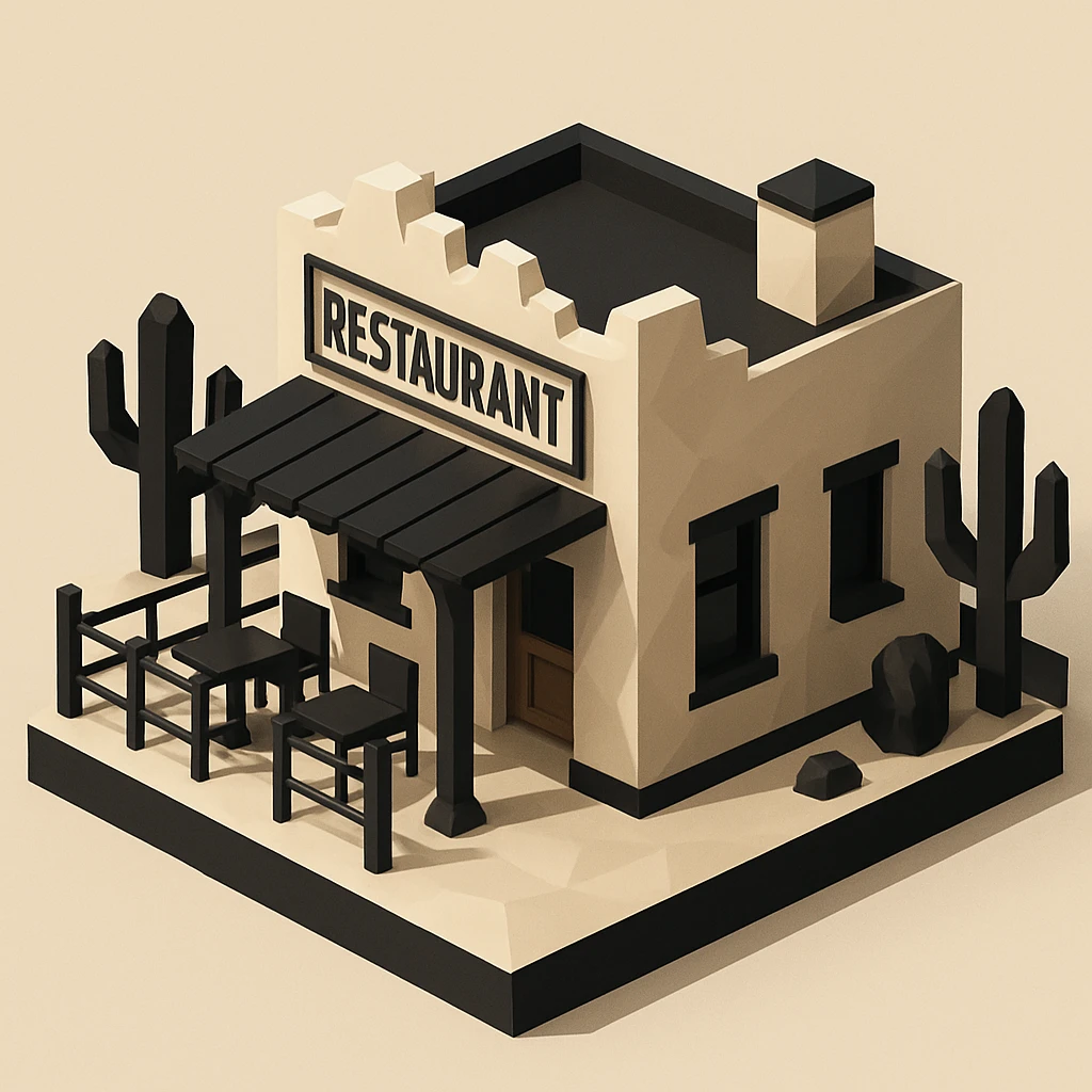 isometric exterior of a southwestern restaurant, black, beige, and white color palette, dollhouse style, low-poly polygonal 3D look emoji