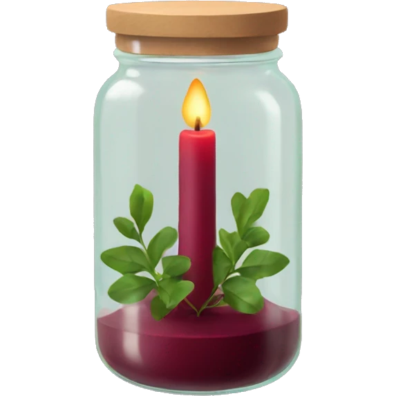 Tall maroon candle in glass jar with greenery  emoji