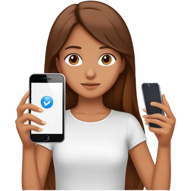 girl with long brown hair wearing a white top holding a smartphone emoji