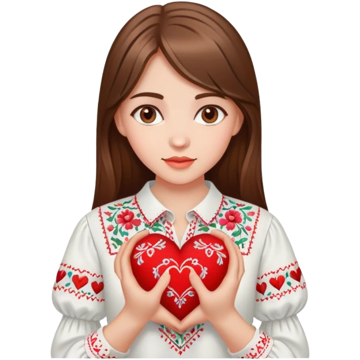 Beautiful young girl with brown hair in a white Ukrainian embroidered shirt holding a large embroidered heart emoji