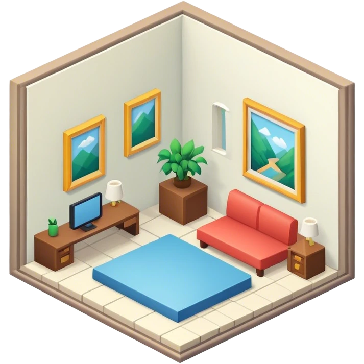 An isometric 3D room with two walls that meet at the back left and right. emoji