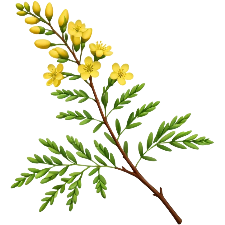 A delicate acacia flower with soft petals and vibrant colors, blooming on a slender branch with green leaves emoji