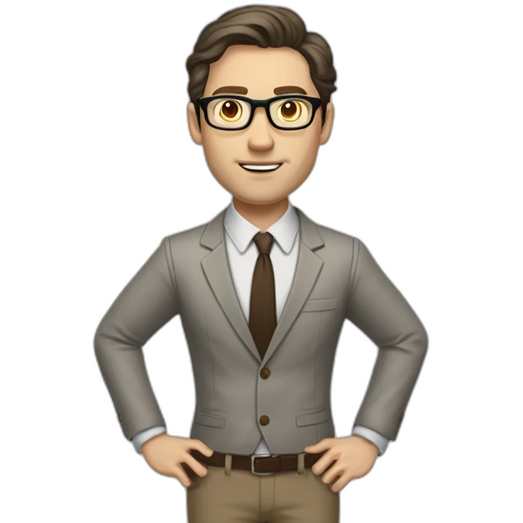 Full height Gesticulating Pale skinned fit man with dark brown hair in gray jacket, beige office shirt, brown tie, brown pants and vintage glasses. emoji