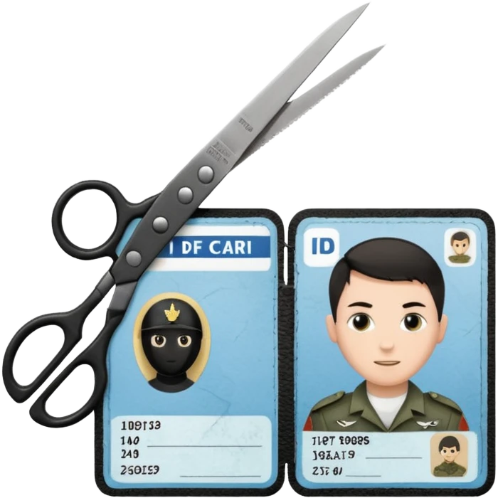 Floating black Scissors cutting in half an idf soldier ID card in 2 parts .hyper realistic emoji