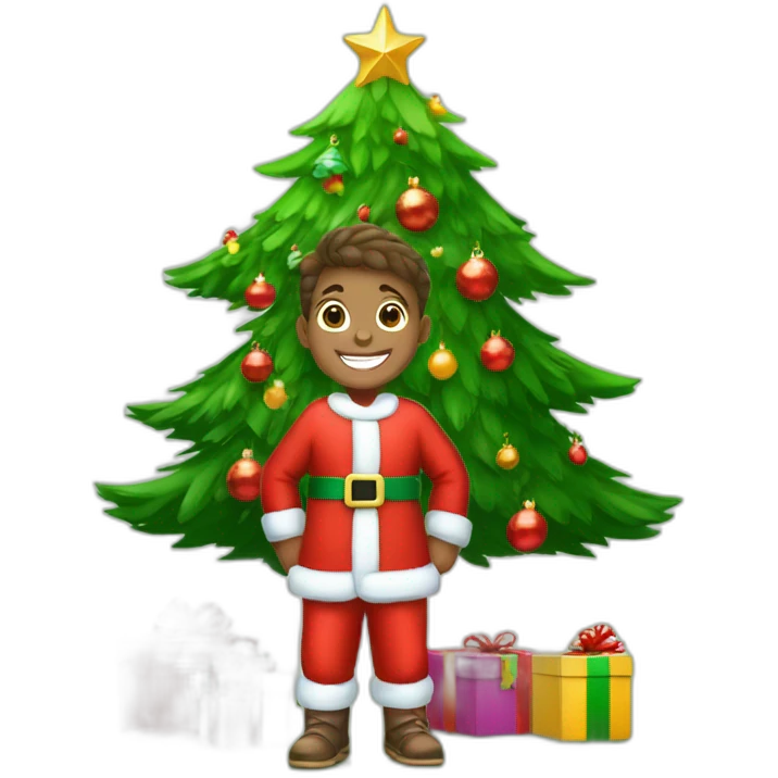 happy boy with red cristmas dress and gifts under cristmas tree emoji