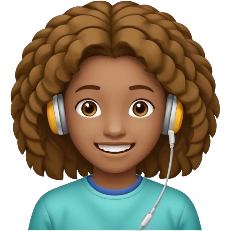 Faça um adolescente de cabelo cacheado médio sorrindo com um aparelho dental e fones de ouvido, com um moletom branco emoji