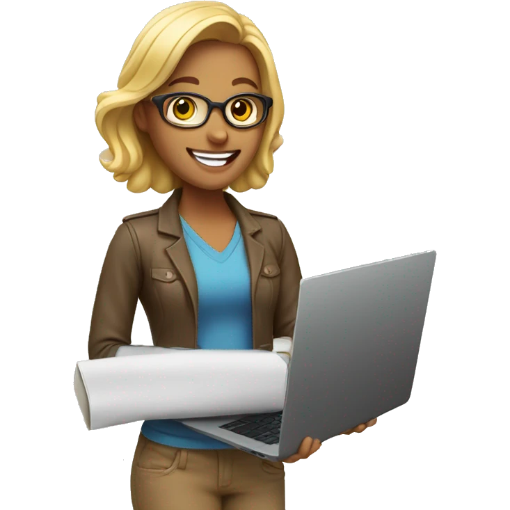A marketing girl with a laptop in her hands smiles emoji