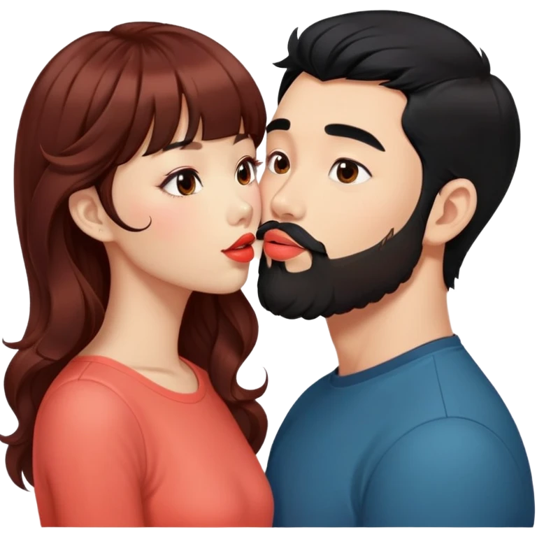 handsome asian man with black hair and beard, kissing cute tan skin woman with long wavy reddish brown hair with bangs and coral lipstick emoji
