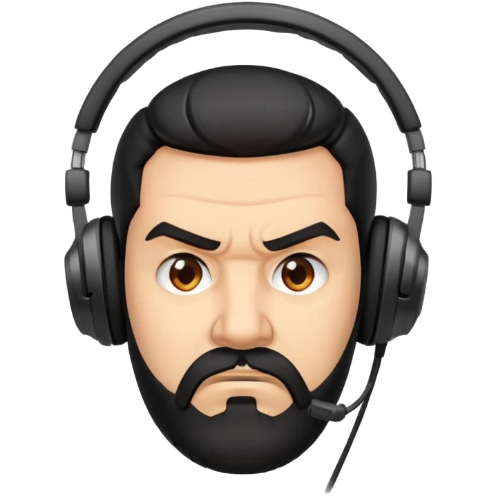 Furious man with furrowed brows, scowling face, black hair, brown eyes, black beard wearing a gaming headset emoji