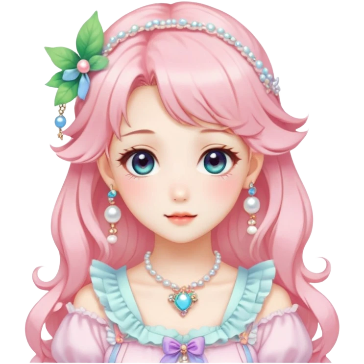 gorgeous-anime-style-lady-with-blushing-face-and-accessories-cottagecore-fairycore-kawaii-anime-colorful-pearly-romantic-aesthetic-trending-style emoji