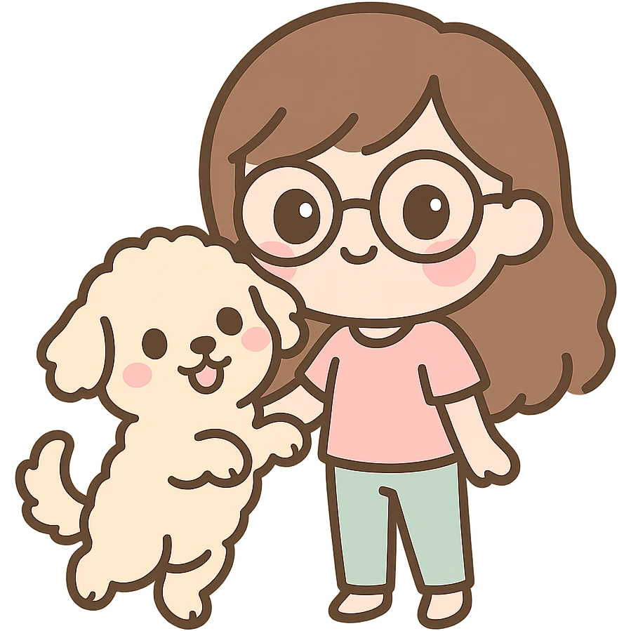 chibi style brunette female with glasses with her cream colored goldendoodle jumping up emoji