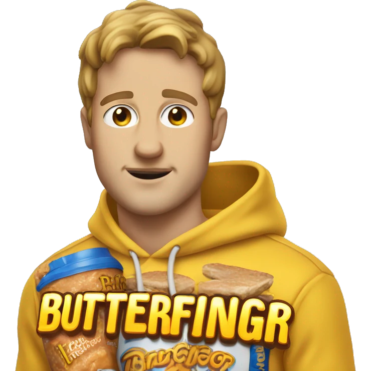 White guy wearing yellow hoodie that says butterfinger on it emoji