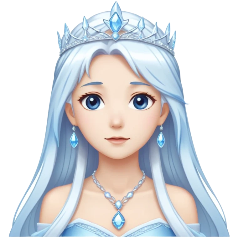 Shiny cute mature Beautiful anime ice queen with white long pretty hair with light-blue streaks, wearing an icy thin long dress and a silver tiara, necklace,  emoji