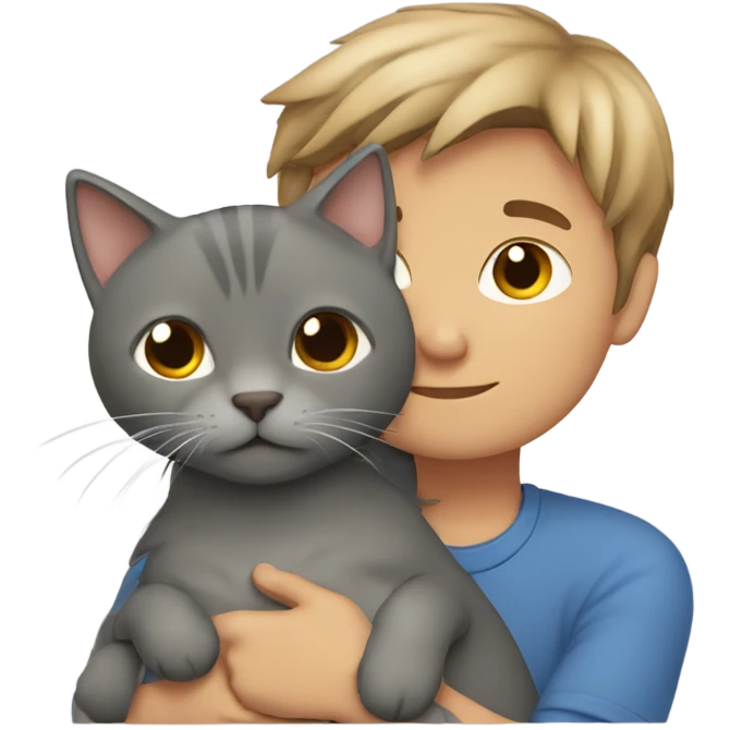 straight hair light brown boy cuddling a grey cat emoji