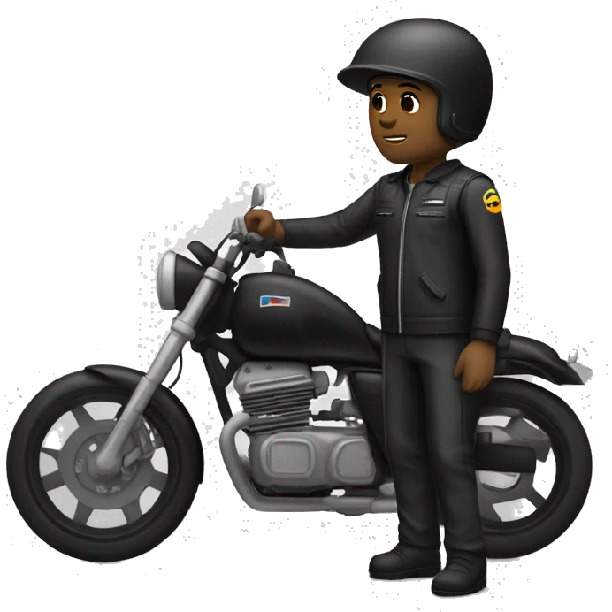 Un motorista e moto custom negra con ropa negra con casco negro y un sieste blanco en  l casco emoji