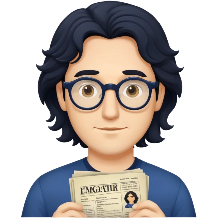 Young caucasian man with longer wavy black hair, round glasses, dark blue shirt, with theater playbill in hand emoji
