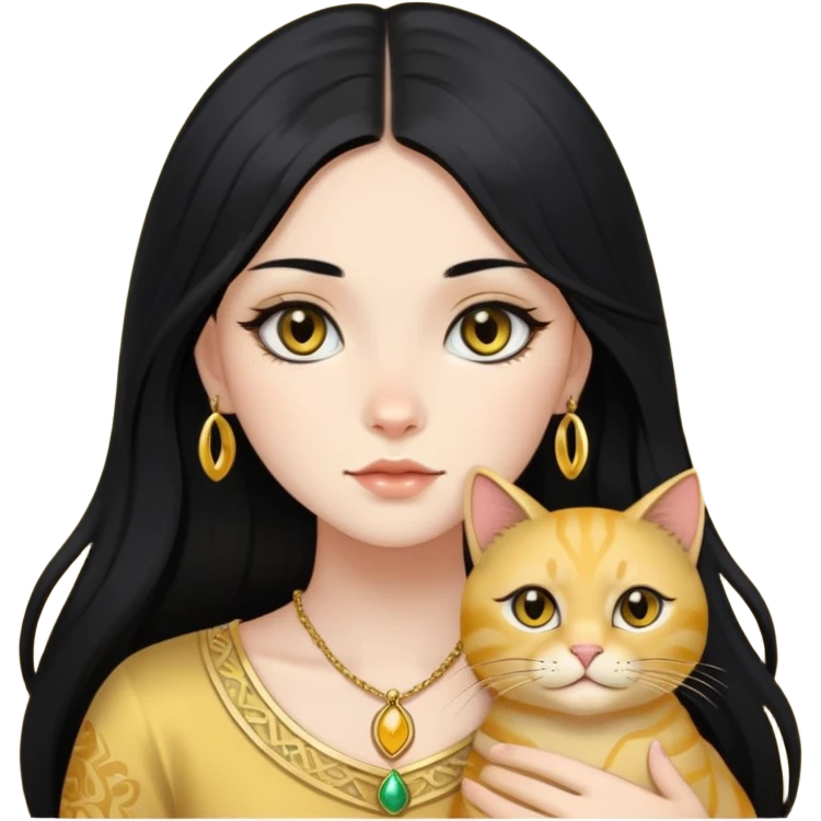 long black hair girl with black eyes with gold cat emoji