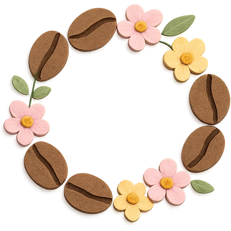 coffee bean floral wreath with small flowers, hand-drawn pastel design emoji