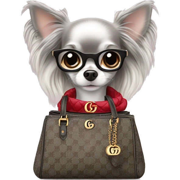 Grey Merle long hair chihuahua in a Gucci handbag emoji