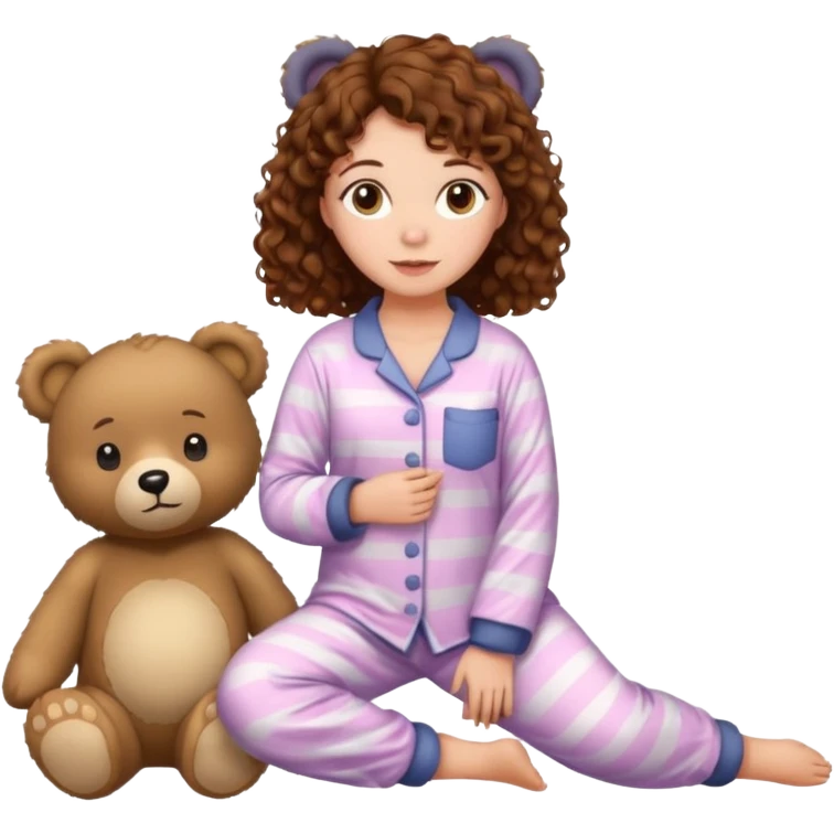 Grown up Woman with brown eyes, brown curly hair, white skin, full body in cute pijama bear emoji