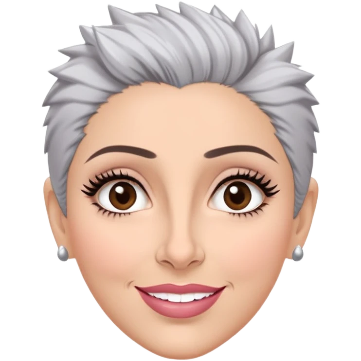 Puerto Rican actress Marian Pabón with elongated face, light pinkish skin, almond-shaped expressive eyes, straight nose, well-defined lips with wide smile, arched eyebrows, pronounced cheekbones, short spiky gray hair like a man's cut emoji