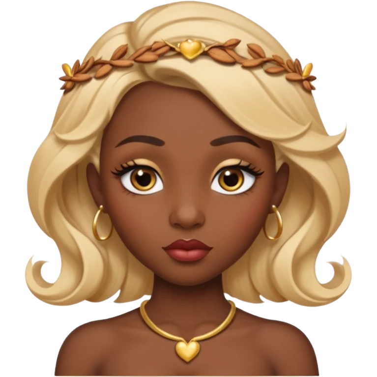 darkskin female with eyebrows that are naturally shaped and frame eyes well, eyes that are almond-shaped with defined lashes. nd lips are full with a defined cupid’s bow, add also a septum piercing that adds an edgy, stylish flair. a middle-part, honey blonde bust-down with laid baby hairs emoji