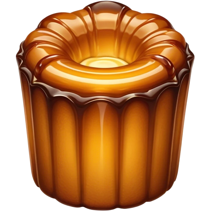 Cinematic rich cannelé, dark caramelized crust with a soft, custard-like interior, glossy finish, warm golden hues, elegant and indulgent. emoji