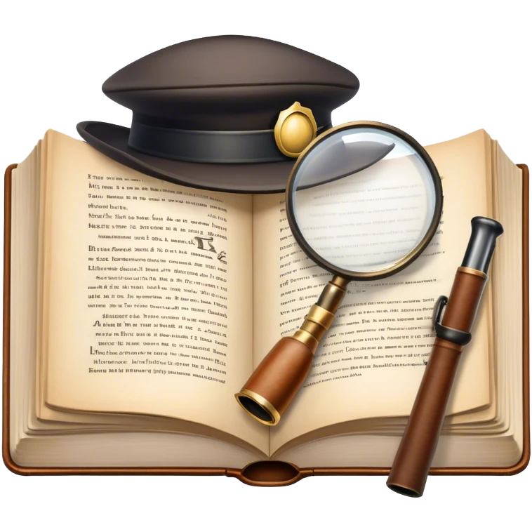 Icon for Detective Reading: an open book with text and a magnifying glass on the pages, a classic detective hat and a pipe, surrounded by clues like footprints, a revolver and a notepad. The icon should represent the mystery and intrigue of detective stories. Transparent background. emoji