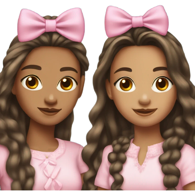two teenage Latina best friends wearing pink. Long hair. Pink bows. Pearls. Light pink. Diamonds outfits emoji