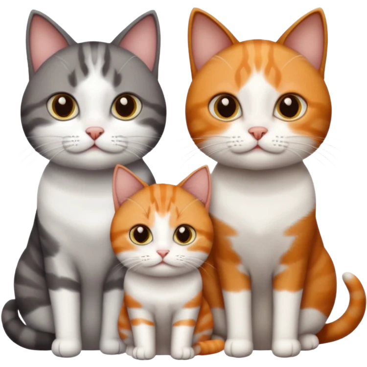 3 different coloured short haired cats including; a dark brown tabby and white cat, and a dark grey and white and a ginger and white emoji