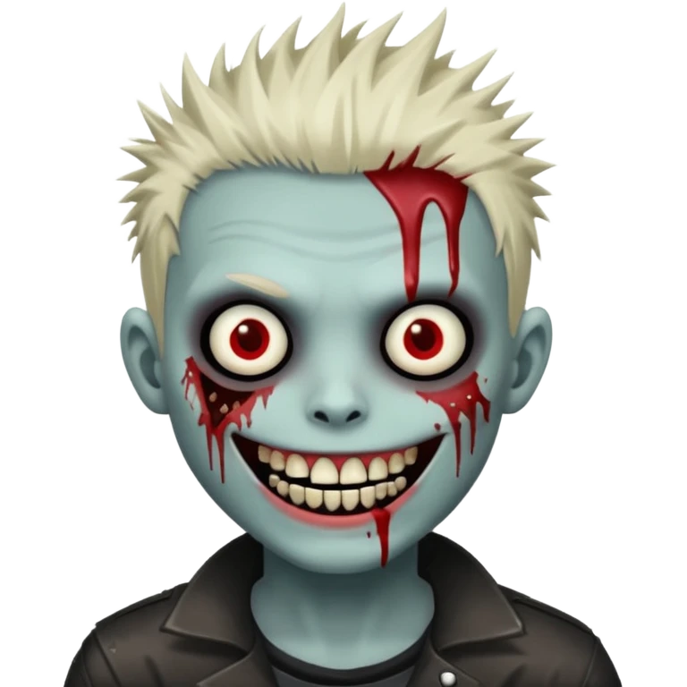 zombie boy withemo spiky hair, white skin, and white eyes; an open smile, and bloodied teeth; emoji