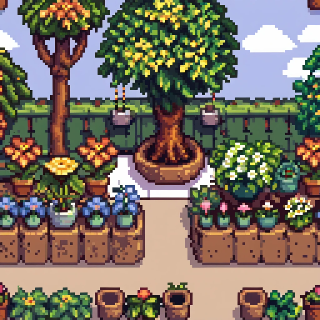 garden scene with flowers, trees, and plants emoji