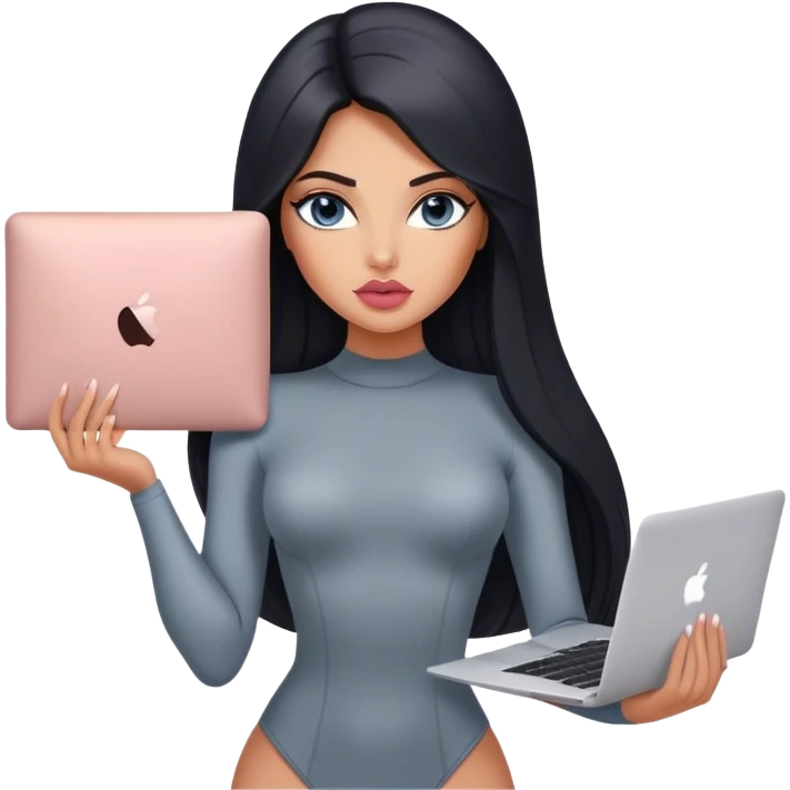Glamours, tanned, very beautiful girl, with big pump peach-beige-rose lips, black straight smooth silky long hair, straight parting, blue-grey eyes, in bodysuit holding MacBook emoji