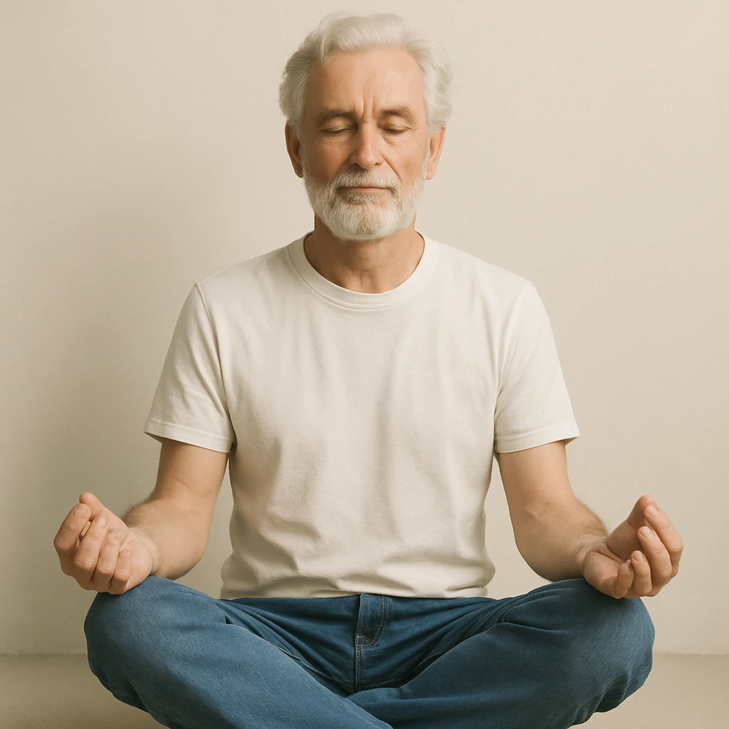 grey-haired and bearded white man meditating, white t-shirt, blue jeans, peaceful expression, minimal background emoji