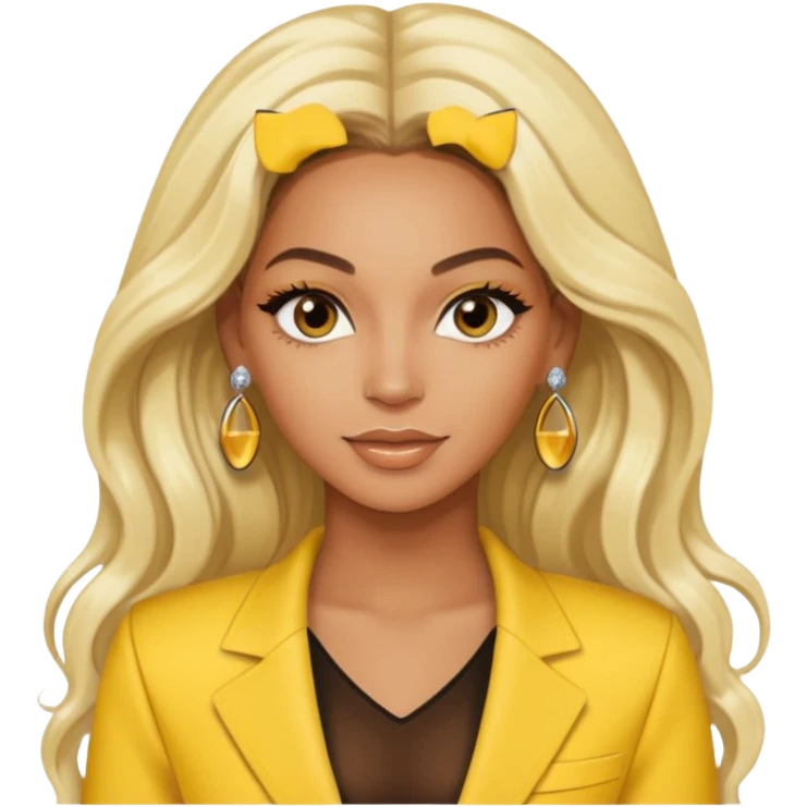 Beyonce brown eyes, long platinum blonde hair, yellow outfit with earrings emoji