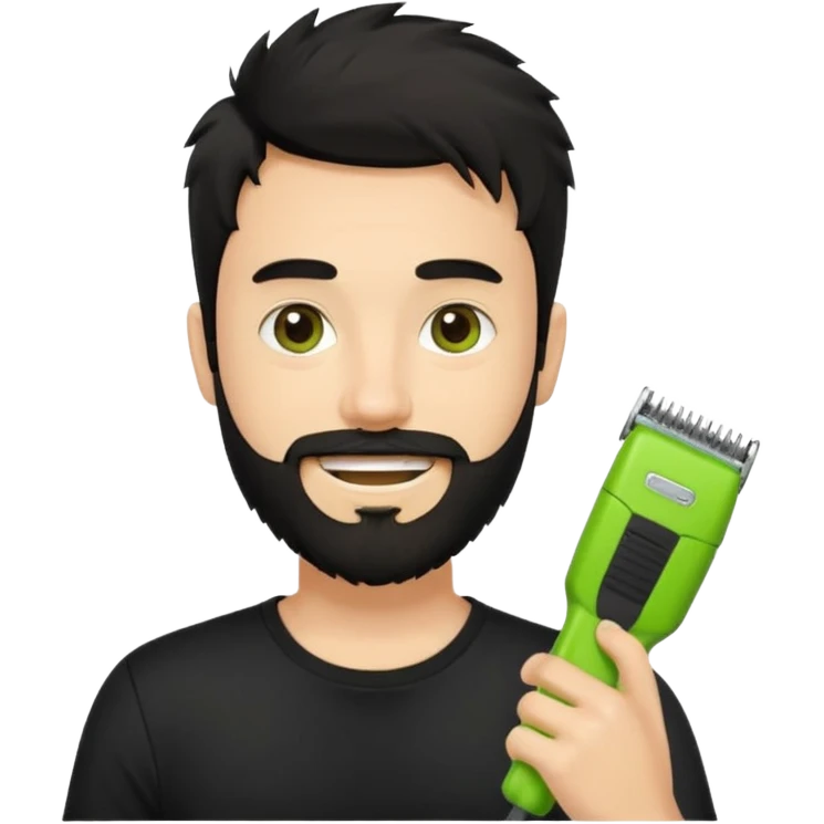 smiling young fair-skinned man with messy black hair and beard, wearing a black t-shirt, holding one small true-to-size lime green face beard trimmer in one hand, iOS emoji style emoji