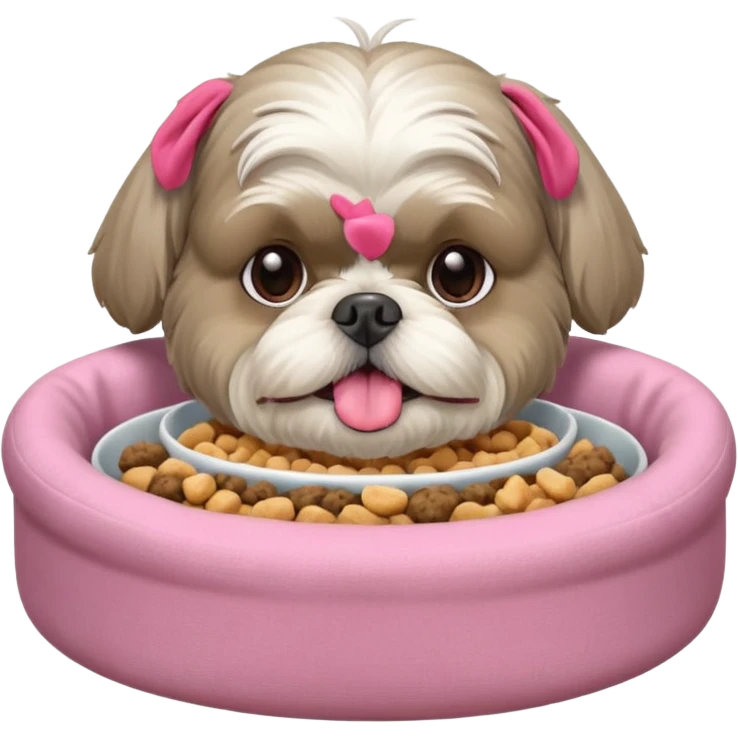 old ALL grey shih tzu in pink dog bed tongue hanging out with a bowl of food emoji
