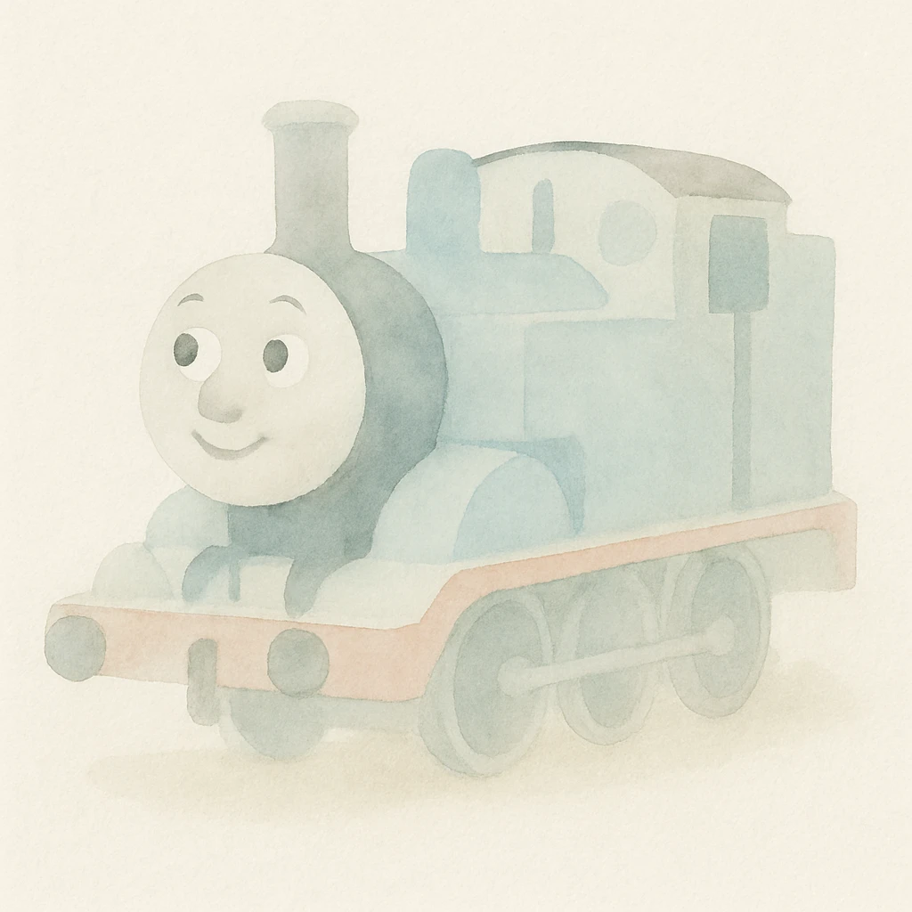 Thomas the Tank Engine, ink and watercolor, storybook style, charming and whimsical emoji