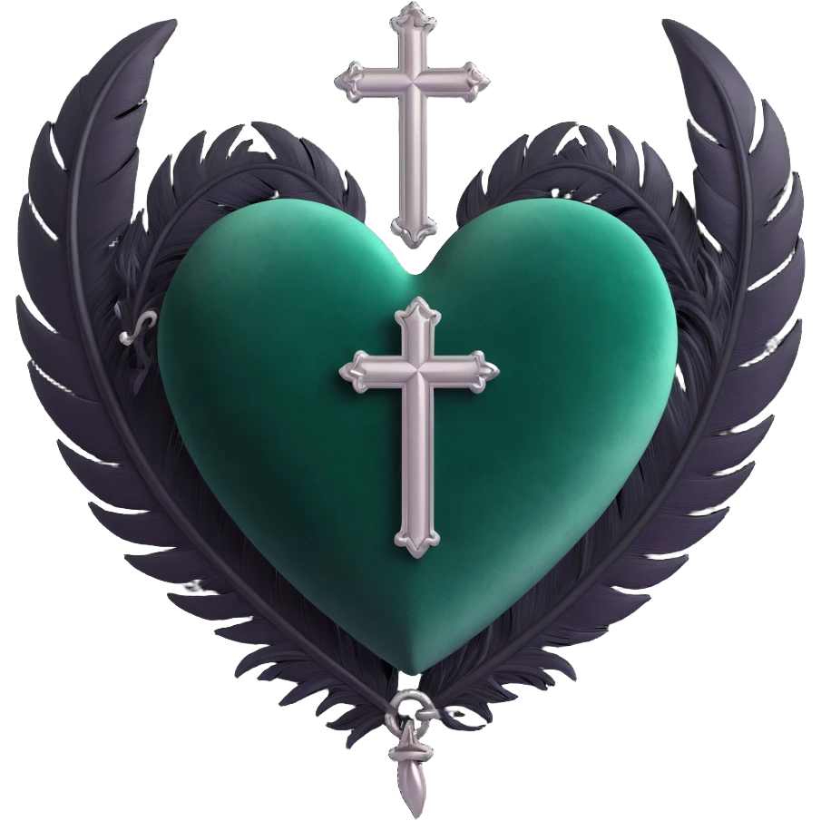 gothic heart, dark emerald velvet, silver cross, feather accents, lush and gothic emoji