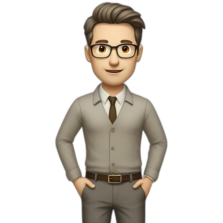 Full height Actively Gesturing Pale skinned fit man with dark brown hair in gray jacket, beige office shirt, brown tie, brown pants and vintage glasses. emoji