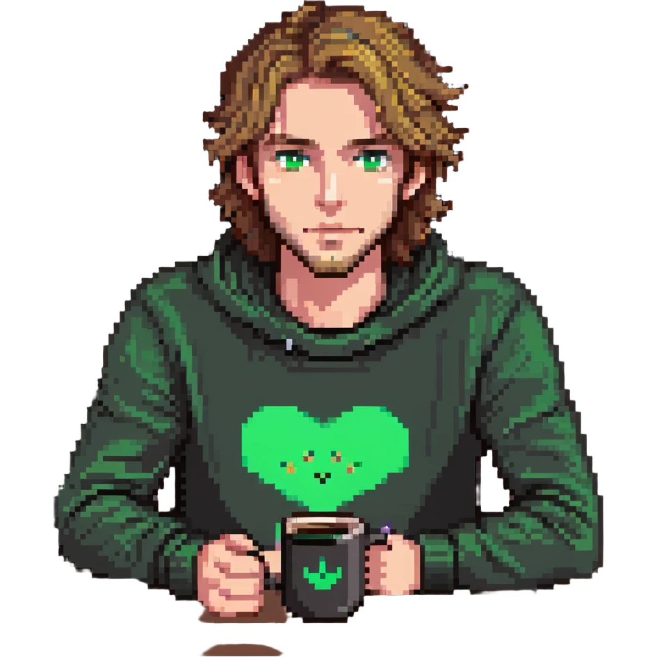 man with light brown hair and green eyes sitting at a desk with a laptop, coffee mug nearby emoji