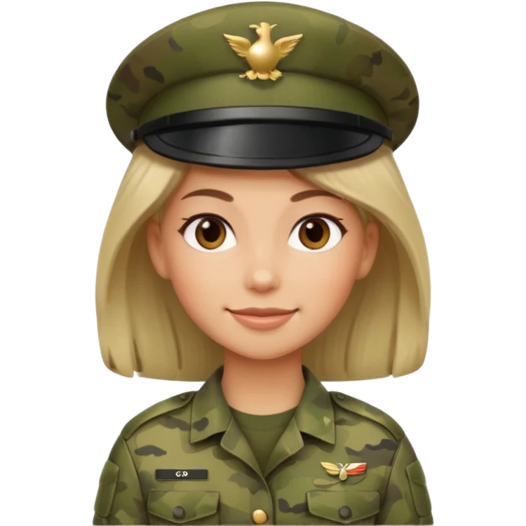 Female soldier emoji in Apple style, no cap/helmet, bust portrait, gentle smile, generic camo, hair visible, soft gradients emoji