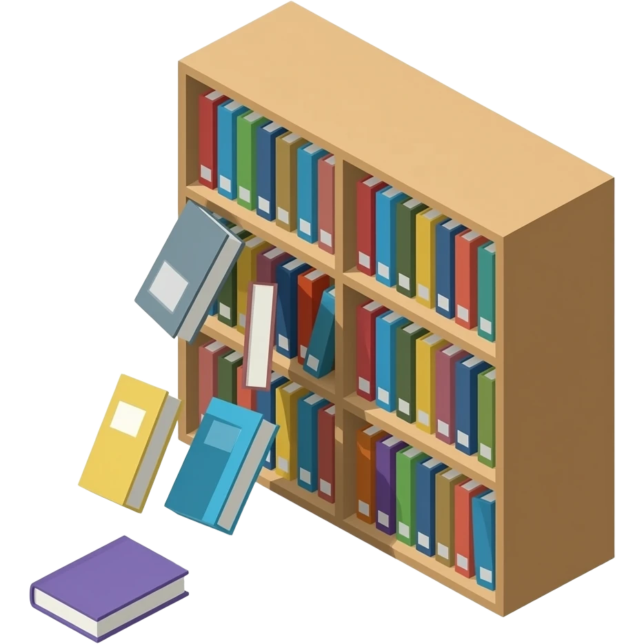 cube library shelf isometric view with some books tilted out and falling out, one book on the ground emoji