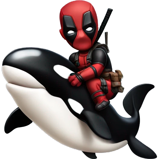 Deadpool holding a baby orca emoji