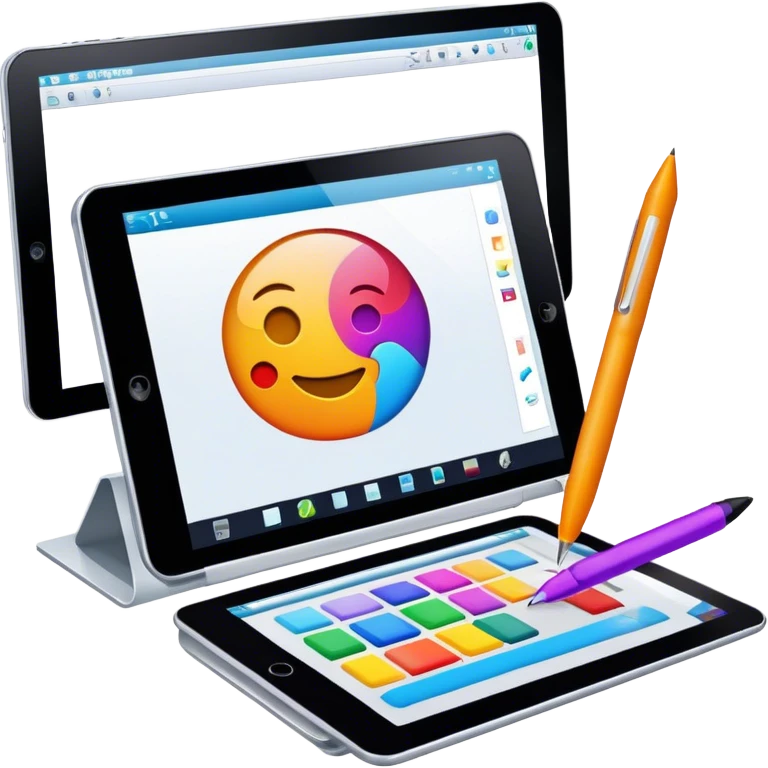 Computer graphics icon, digital design tools like a stylus, tablet, computer image on screen, vibrant colors, minimalistic style, clean lines, transparent background. emoji