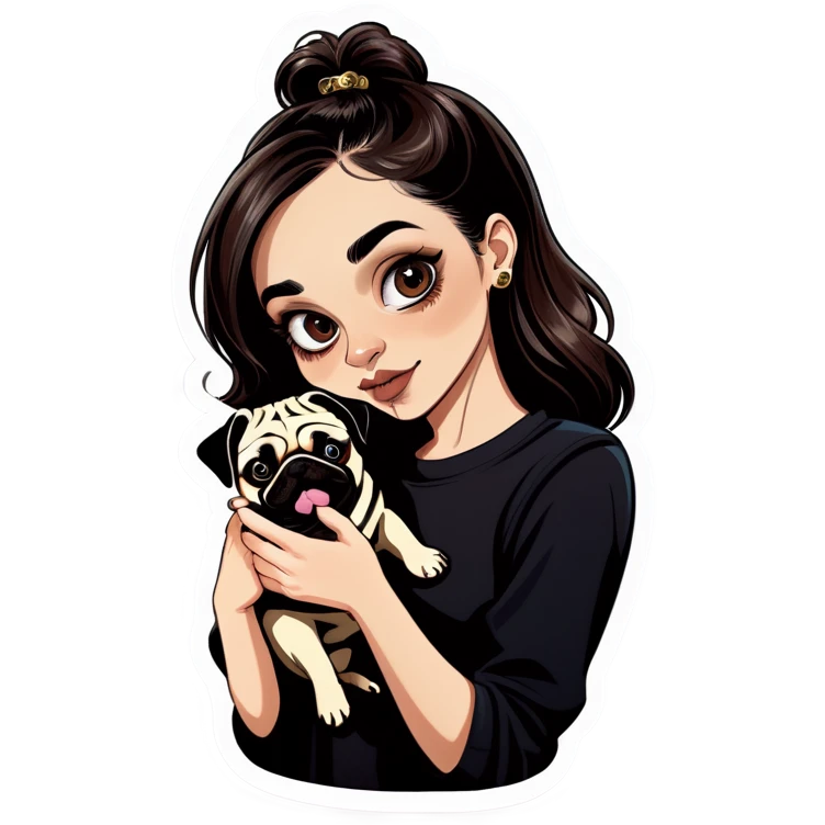 Beautiful young girl with choppy long dark brown hair flows over her her septum piercing is gold and shines as she holds her black phone and her large pug with an underbite layed beside her emoji