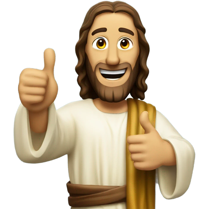 Buddy Christ from dogma winking, pointing with one hand and thumbs up with other  emoji