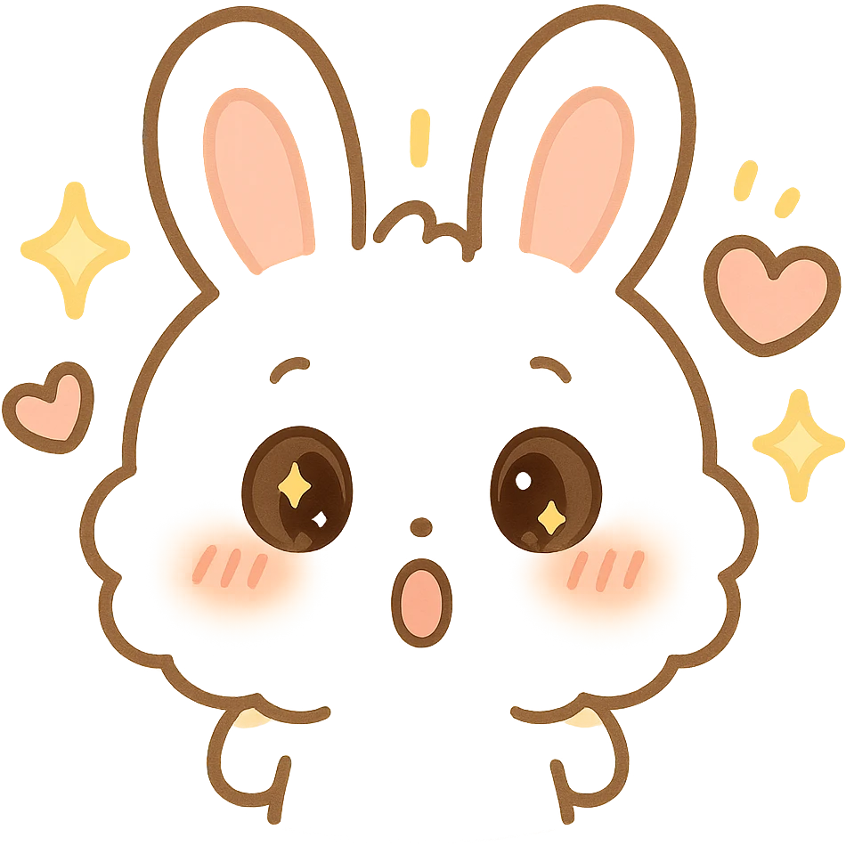kawaii chibi-style bunny emoji with surprised mood, round fluffy face, sparkly eyes, blushing cheeks, pastel color palette, soft rounded design, anime-style, sparkles and hearts, vector art, transparent background emoji