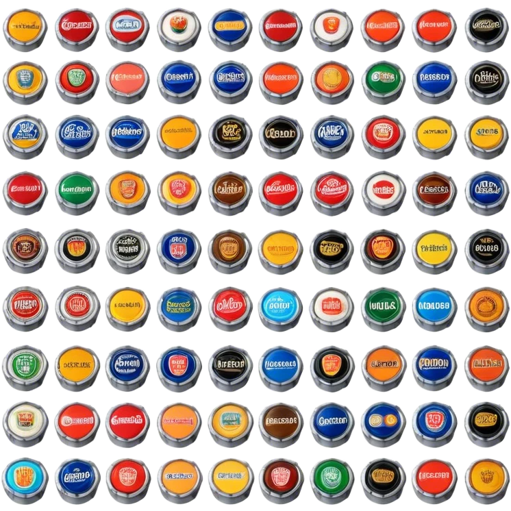 Icon for Beer Cap Collecting: a collection of colorful beer caps from different brands, arranged neatly on a table or in a display case. The icon should reflect the variety and charm of beer cap collecting. Transparent background. emoji