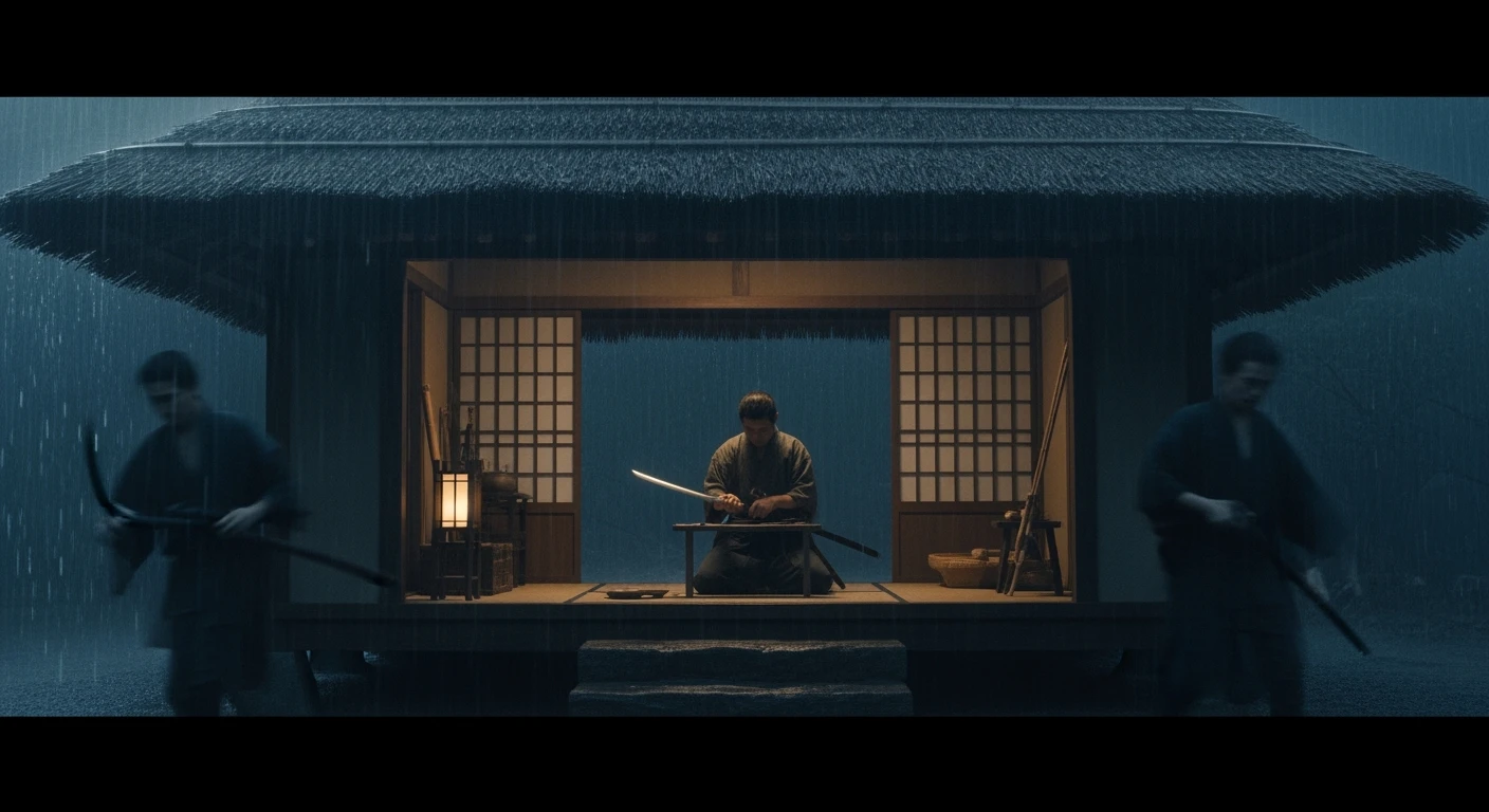 A cinematic scene from 1185, motion blur, wide shot of Taro polishing his katana in a bamboo hut, rain on roof, lamp-lit, symmetrical, gray-blue palette, tense, Arri Alexa, Wes Anderson. emoji
